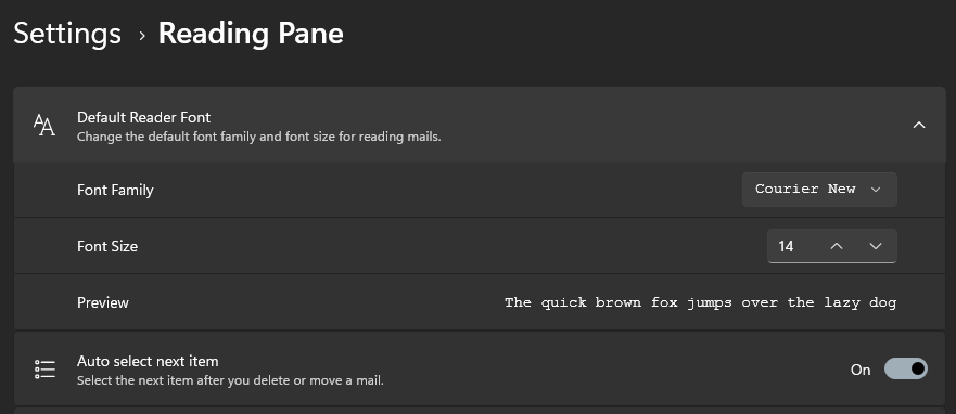 Reading Pane Settings