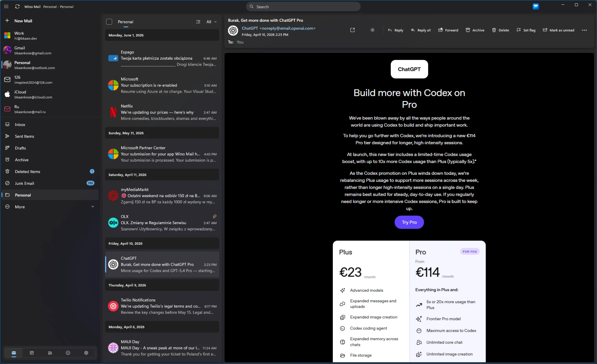 Wino Mail in dark mode