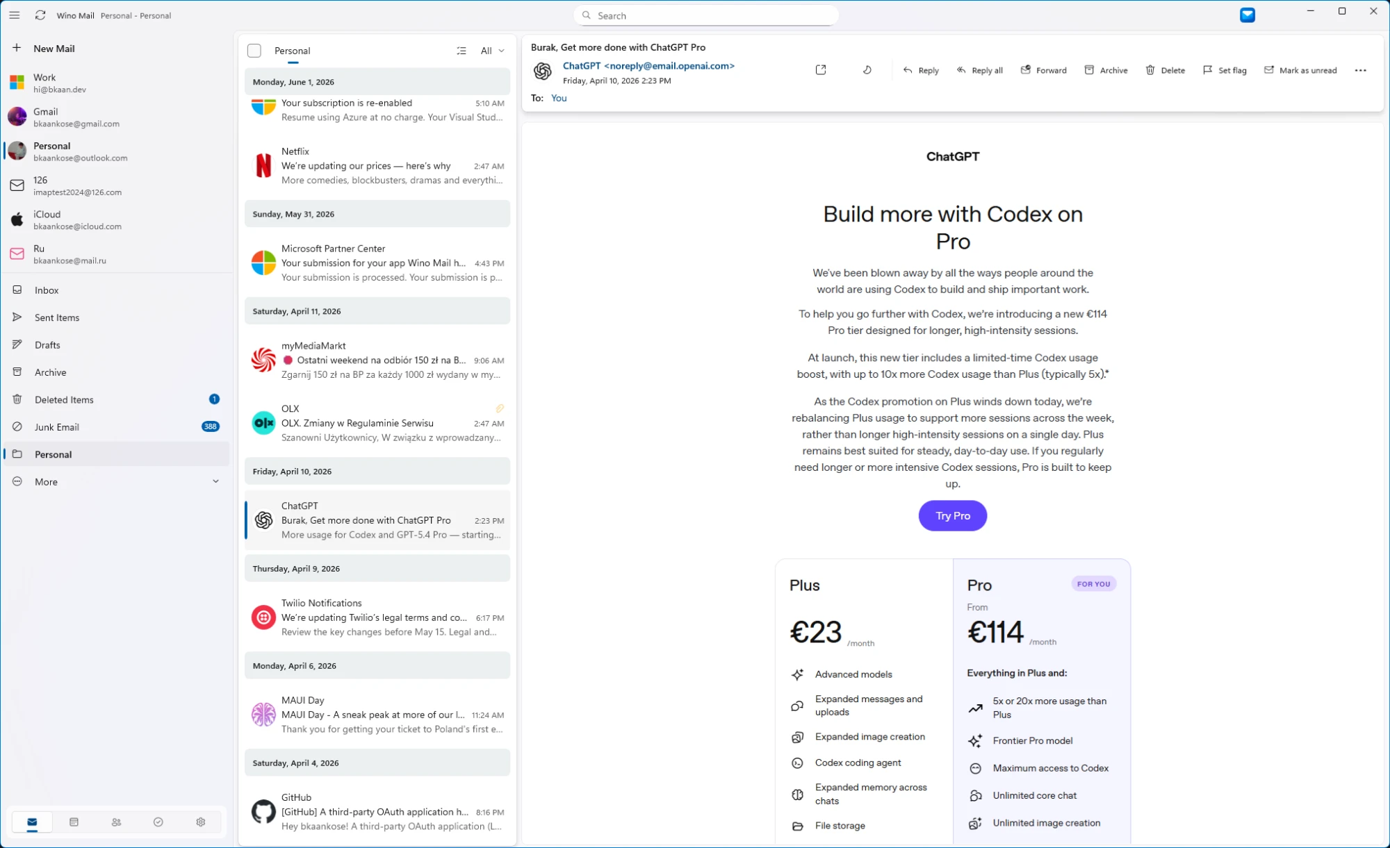 Wino Mail in light mode
